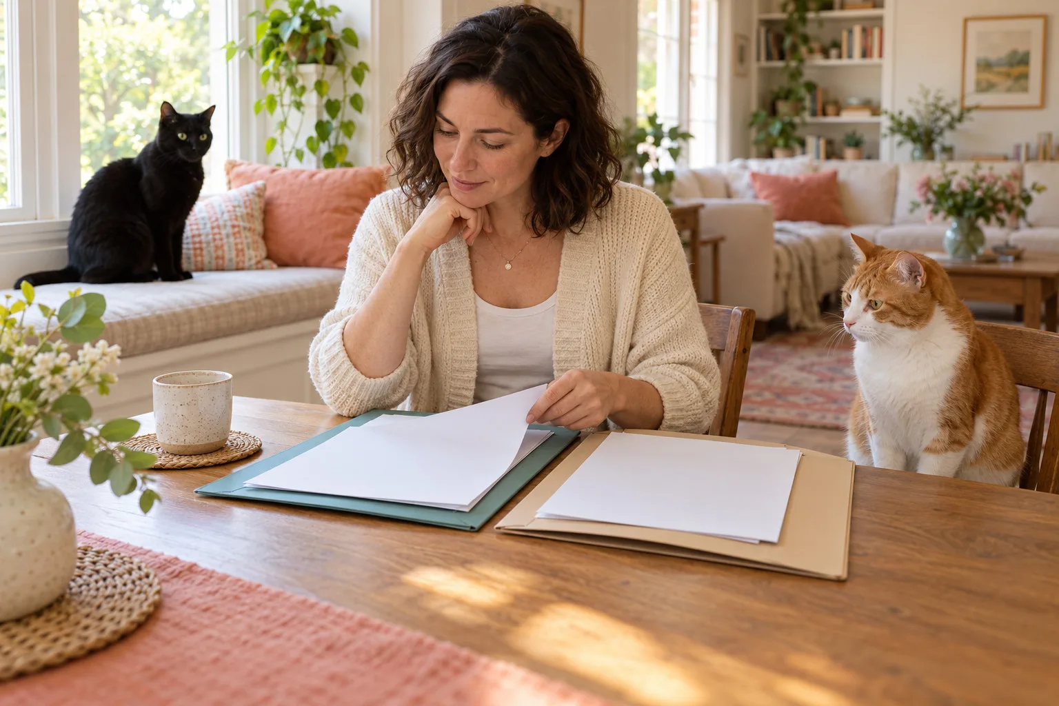 Owner comparing folders with two cats nearby at home