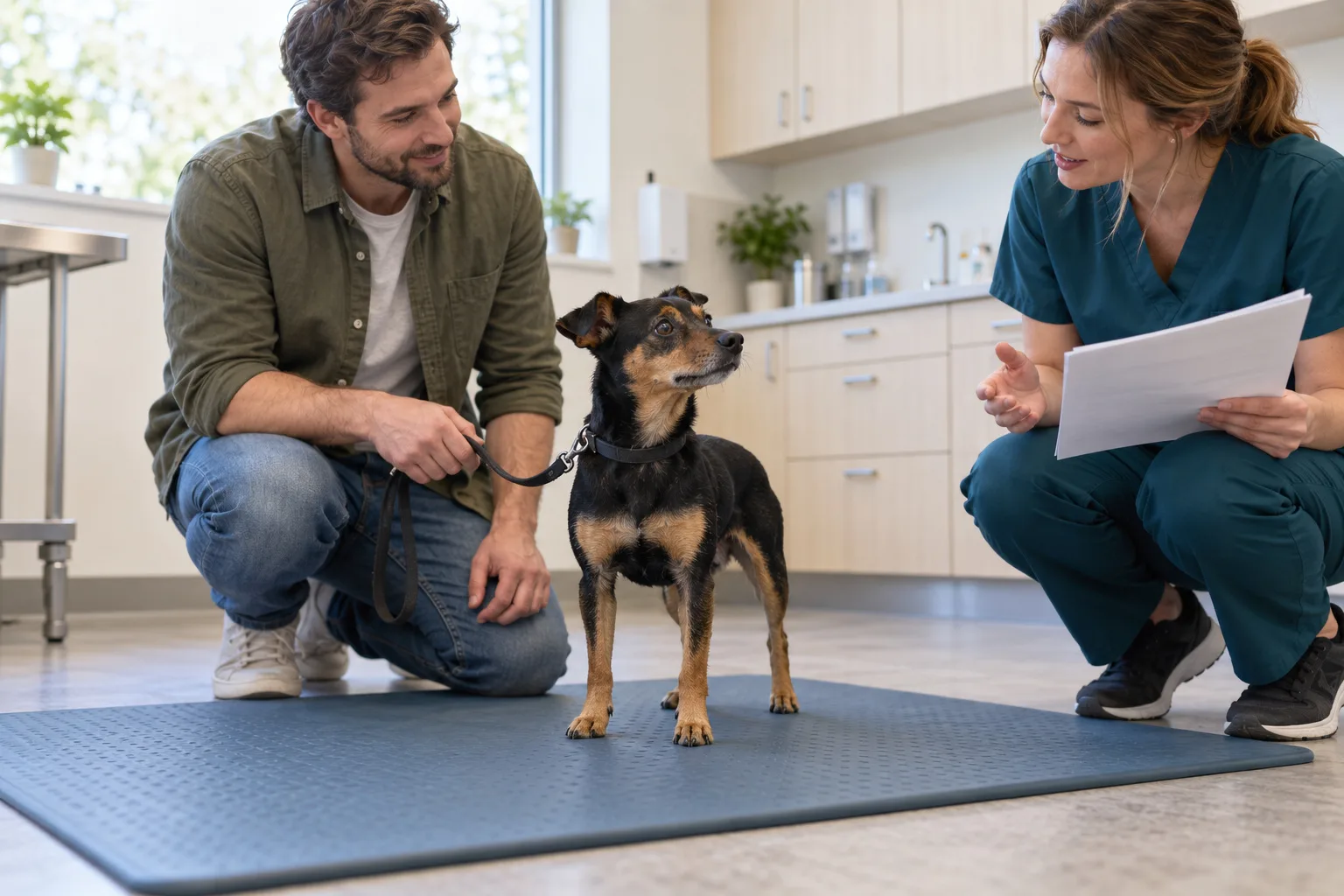 Owner and veterinary professional talking beside a small dog